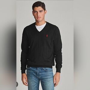 Ralph Lauren Textured Cotton V-neck Sweater in Black Sz M